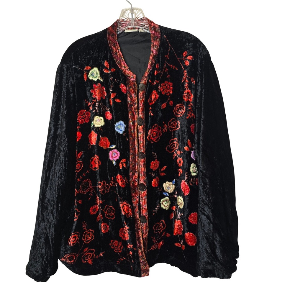 Boho Chic Vintage White Stag Black Velvet Floral Rose Jacket Women's XL